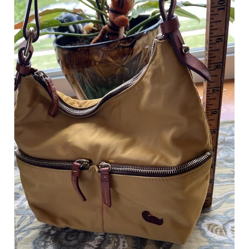 VTG Dooney Bourke Nylon Hobo Yellow Pink Lined Duck Logo Shoulder W/Leather Trim